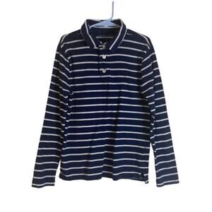 Crewcuts Boys Size M 8/9 Blue White Striped Polo Long Sleeve Shirt 100% Cotton